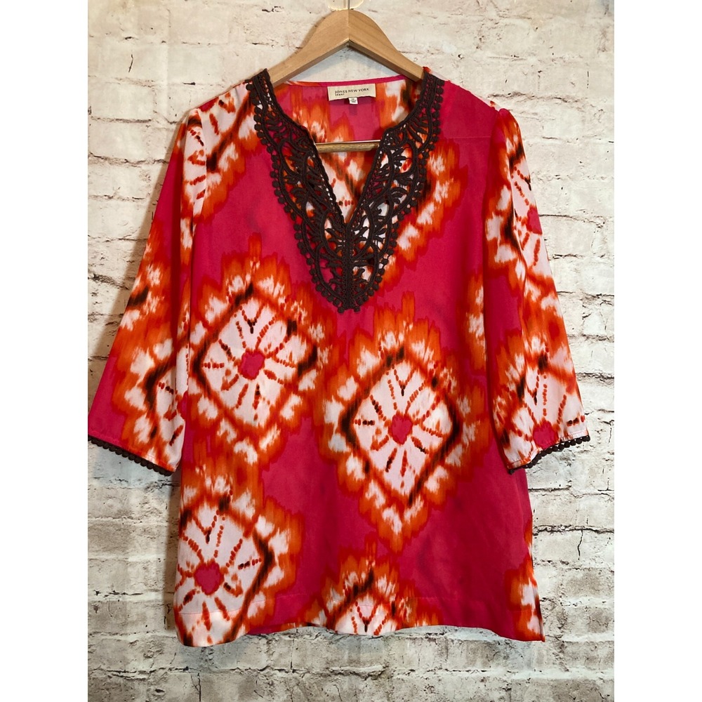 Jones NY Tunic Top Womens Medium Coral Tie Dye Embroidered‎ Trim Lightweight